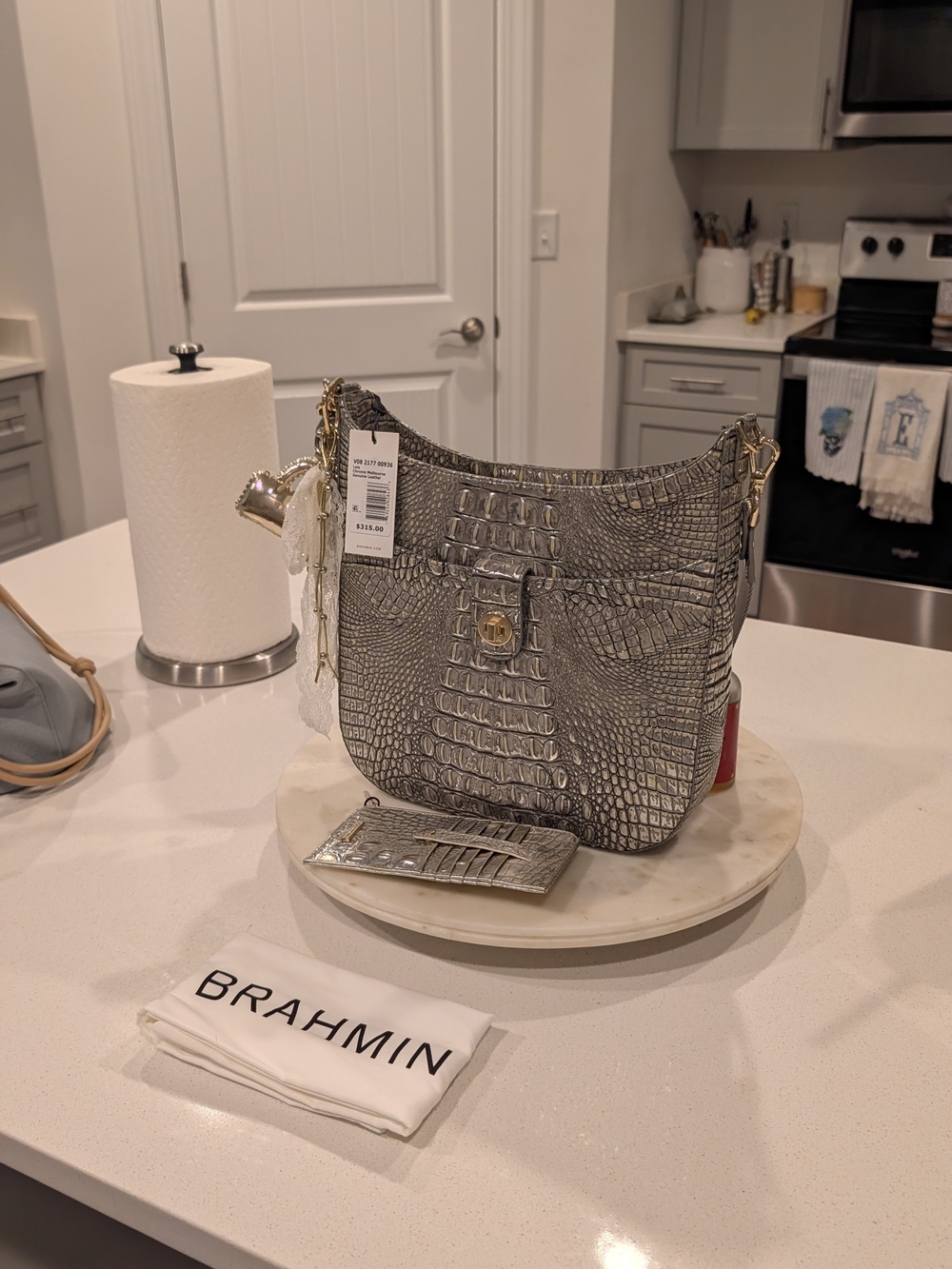Brahmin Metallic Silver Croc-Embossed Shoulder Bag With Matching Wallet